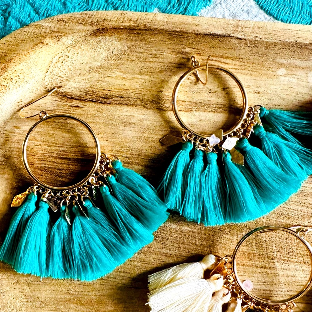 ☀️☀️Turquoise and gold‎ summer tassel earrings FIESTA☀️☀️